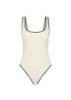 THE UPSIDE women's cream Poolside Gossip Scoop One Piece is made from recycled fabric. The one piece features front and back scoop neckline. Designed for swim.