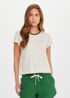 THE UPSIDE women's cream Dusty-Ray 70s Tee is made from hemp and organic cotton blend. The classic inspired t-shirt features rib neckline. Designed for comfort.