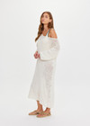 THE UPSIDE women's cream Dusty-Ray Crochet Dress is made from organic cotton. The maxi dress features boat neck and 3/4 sleeve. Designed for lounging and layering.
