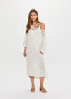 THE UPSIDE women's cream Dusty-Ray Crochet Dress is made from organic cotton. The maxi dress features boat neck and 3/4 sleeve. Designed for lounging and layering.