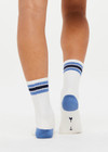 THE UPSIDE women's cotton multicoloured Limitless 3 Pack Sock with soft terry sole. The 3 pack features cream with pink & green stripes, cream with blue & dark blue stripes and cream with yellow & burgundy stripes.