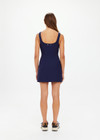 THE UPSIDE women's navy recycled peached fabric Gabbie Mini Dress features internal shelf bra with removal cups for support and built in shorts with pockets. The perfect classic dress for golf or tennis.