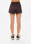 THE UPSIDE women's recycled black and brown check Technica Era Short is a quick drying run short featuring internal mesh brief and side seam pockets. Ideal for high impact and running.