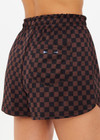 THE UPSIDE women's recycled black and brown check Technica Era Short is a quick drying run short featuring internal mesh brief and side seam pockets. Ideal for high impact and running.