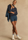 THE UPSIDE women's blue organic cotton Lumiere 3 Inch Knit Short is a mid rise comfortable fit and features a soft elasticated waistband in a geometric star design. Made for lifestyle.
