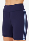 THE UPSIDE women's navy Silverstone 5 Inch Spin Short is a recycled textured rib fabrication with moisture wicking properties. Made for a soft & supportive fit in yoga and pilates.