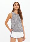 THE UPSIDE women's blue marle organic cotton linen Armada Koby Knitted Tank Top is true-to-size and features a high neckline with a subtle racer back detail. Made for lifestyle.