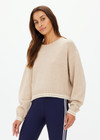 THE UPSIDE women's sand wool cotton blend Xanthe Crew Neck Sweater is designed for a relaxed boxy fit and features contrast cream stripes. Perfect for everyday.