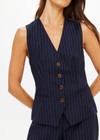 THE UPSIDE women's navy pinstripe merino Wool Jackie V Neck Waistcoat is a fully lined slim fitting suiting fabrication with an adjustable waist belt at the back.