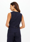 THE UPSIDE women's navy pinstripe merino Wool Jackie V Neck Waistcoat is a fully lined slim fitting suiting fabrication with an adjustable waist belt at the back.