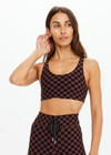 THE UPSIDE women's recycled peached black and chocolate check Technica Jade Bra is a full coverage sports bra with extra support and includes removable cups. Perfect for yoga, pilates & barre.