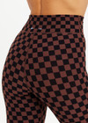 THE UPSIDE women's recycled peached black and chocolate check Technica 25 inch legging is moisture wicking, whislt being soft and supportive with an elastic drawcord. Perfect for yoga, pilates & barre.