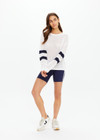 THE UPSIDE women's creme organic cotton Fenway Sebastian Knit Crew is designed for a relaxed fit and features ribbed neckline and cuffs with The Upside 7 logo on back.