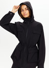 THE UPSIDE women's black Freddie Fleece Lined Anorak is made from bonded water resistant fabric with internal warm polar fleece and features external pockets with flap closure and drawcord with toggles to cinch in waist.