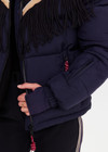 THE UPSIDE women’s navy Hakuba Fox Puffer Jacket is a true-to-size fit, featuring a water-resistant coating, fringed detailing, fleece-lined zip pockets and an adjustable elastic at hem. Designed for Après-ski and winter wear.