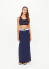 THE UPSIDE women’s Stripe Astra Solange Knit Crop Top offers a soft, comfortable fit with a navy-ribbed scoop neckline and elastic underbust. Perfect for travel or daily wear.
