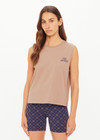 THE UPSIDE women's mocha organic cotton Dawson Tank has a relaxed fit with a soft ribbed neckline and navy varsity logo at chest. Made for everyday wear.