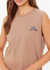 THE UPSIDE women's mocha organic cotton Dawson Tank has a relaxed fit with a soft ribbed neckline and navy varsity logo at chest. Made for everyday wear.