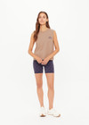 THE UPSIDE women's mocha organic cotton Dawson Tank has a relaxed fit with a soft ribbed neckline and navy varsity logo at chest. Made for everyday wear.