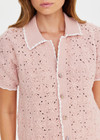 THE UPSIDE women's pink organic cotton Anoki Lovett Crochet Shirt has a relaxed fit with cream scalloped edges and pink pearlised shell buttons. Perfect for travel or everyday.