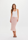 THE UPSIDE women's pink organic cotton Anoki Irena Crochet Midi Skirt features an elasticated waist with tassel braided drawcord and cream scalloped edge detailing. Perfect for travel or everyday.