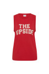 THE UPSIDE women's red organic cotton Jeet Tank Top has a relaxed fit with folded armhole detail and cream varsity logo at chest. Made for everyday wear.