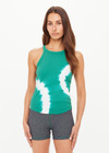 THE UPSIDE women's green organic cotton Asher Racerback Tank Top is hand-dyed in punchy green with arrow logo piping on hem. Made for lifestyle.