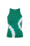 THE UPSIDE women's green organic cotton Asher Racerback Tank Top is hand-dyed in punchy green with arrow logo piping on hem. Made for lifestyle.