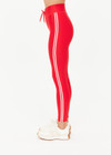 THE UPSIDE women's red eco tech Oxford 25-inch Legging is supportive and comfortable with cream side stripes and an elastic waist drawcord. Made for high impact.