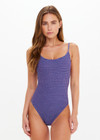 THE UPSIDE women's purple check Aliki Flow Onepiece has low coverage with a scoop front and back neckline and adjustable elastic straps. Made for swim.