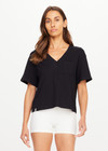 THE UPSIDE women's black Elina V Neck Tee is made from organic cotton hemp blend and features a mini patch pocket on chest. Made for everyday wear.