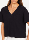 THE UPSIDE women's black Elina V Neck Tee is made from organic cotton hemp blend and features a mini patch pocket on chest. Made for everyday wear.