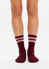 THE UPSIDE women's burgundy Mendoza Crew Sock features jacquard stripes in cream and pink. Made for everyday.