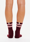 THE UPSIDE women's burgundy Mendoza Crew Sock features jacquard stripes in cream and pink. Made for everyday.