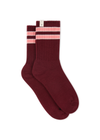 THE UPSIDE women's burgundy Mendoza Crew Sock features jacquard stripes in cream and pink. Made for everyday.