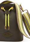 THE UPSIDE women's olive green Oxford Bucket Bag features a striped woven strap and neon paracord with gold metal detailing. Made for lifestyle.