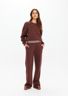 THE UPSIDE women's brown organic cotton Toluca Willow Wide Leg Pant is high-waisted and features a cream striped ribbed waistband and side seam pockets. Made for everyday.