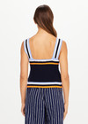 THE UPSIDE women's navy organic cotton Lucien Crochet Tank is designed to fit true-to-size and features wide straps and a V neckline.