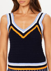 THE UPSIDE women's navy organic cotton Lucien Crochet Tank is designed to fit true-to-size and features wide straps and a V neckline.
