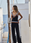 THE UPSIDE women's navy organic cotton Lucien Crochet Tank is designed to fit true-to-size and features wide straps and a V neckline.