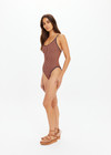 THE UPSIDE women's orange and navy check Solaris Flow One Piece features a scoop front neckline and low back with adjustable straps. Designed for swim.