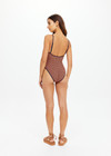 THE UPSIDE women's orange and navy check Solaris Flow One Piece features a scoop front neckline and low back with adjustable straps. Designed for swim.