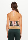 THE UPSIDE women's stripe Bohemia Sal Crochet Halter Top is true to size with a tie keyhole back and striped design in pink, tan, cream, and green. Made for lifestyle.