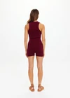 THE UPSIDE women's maroon organic cotton Simi Knitted Playsuit is fitted with a low V-neck and button-up closure with antique brass buttons. Made for lifestyle.