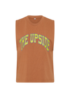 THE UPSIDE women's orange organic cotton Dawson Tank has a relaxed fit, mid length, and a printed lime varsity logo on the front chest. Made for lifestyle.