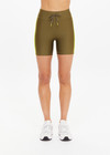 THE UPSIDE women's olive eco tech Oxford 5 Inch Spin Short is designed for a supportive and comfortable fit and features lime contrast binds and elastic drawcord. Made for high impact.