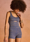 THE UPSIDE women's blue jacquard Neptune Cassandra Bodysuit features a scoop neckline with a low back, removable cups and 3inch shorts. Made for yoga & pilates.