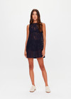 THE UPSIDE women's navy Halcyon Helix Lace Mini Dress is a high neck A-line shift dress with a centre back zipper. Designed to be warm with the Capri Bra and Fox Shortie for coverage. Made for lifestyle.