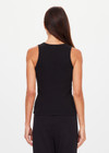 THE UPSIDE women's black organic cotton Bangalow Scoop Tank Top features a scoop neckline with high back in a ribbed fabrication and finished with an embroidered arrow at back. The perfect everyday tank, made to last.
