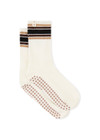 THE UPSIDE women's cream Crew Grip Sock features jacquard stripes in mocha, chocolate and black and grippers at sole. Made for yoga & pilates.